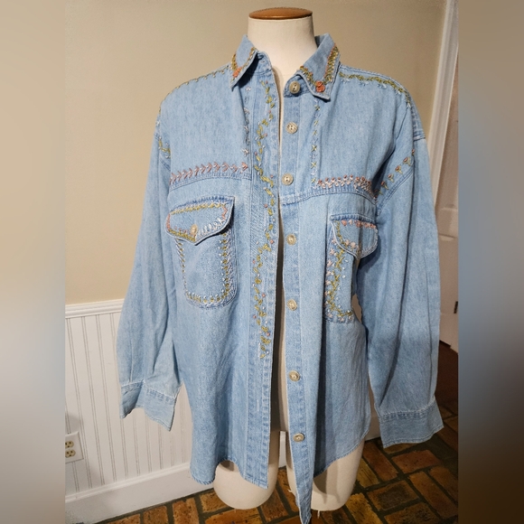 VTG 80s Cambridge Country Store Embroidered Lightweight Denim Jacket Size 8 - Picture 1 of 5